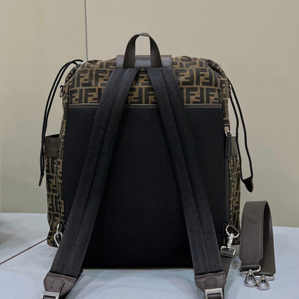 FENDI STRIKE LARGE 46 FF MOCHA BROWN JACQUARD FABRIC BACKPACK