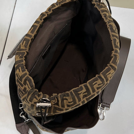 FENDI STRIKE LARGE 46 FF MOCHA BROWN JACQUARD FABRIC BACKPACK