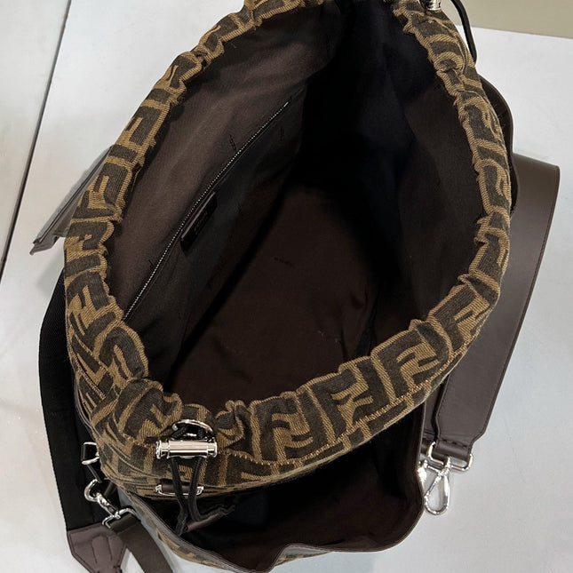 FENDI STRIKE LARGE 46 FF MOCHA BROWN JACQUARD FABRIC BACKPACK