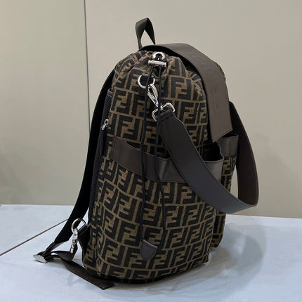 FENDI STRIKE LARGE 46 FF MOCHA BROWN JACQUARD FABRIC BACKPACK