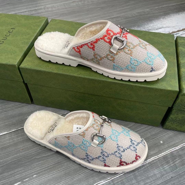 GG SUPREME MULE IN COLORFUL CANVAS AND WOOL LINING