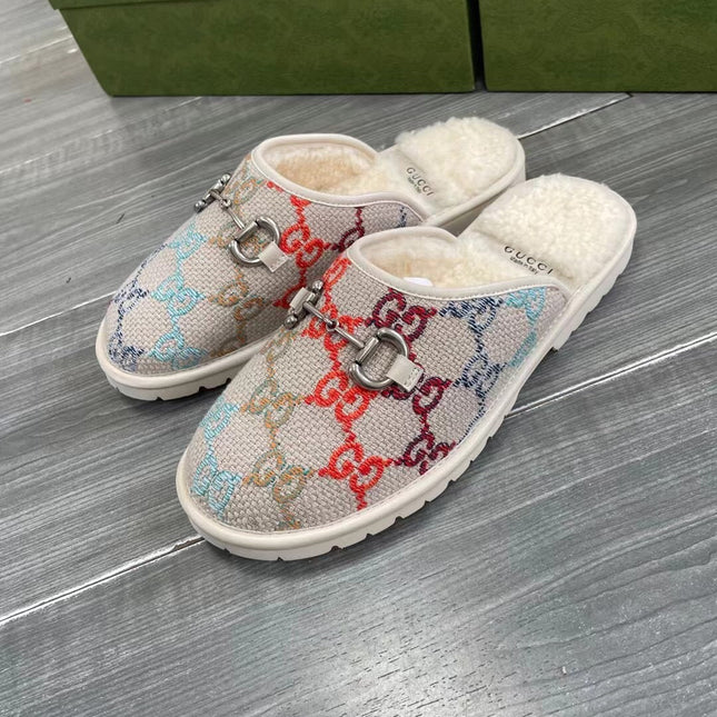 GG SUPREME MULE IN COLORFUL CANVAS AND WOOL LINING