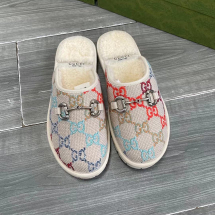 GG SUPREME MULE IN COLORFUL CANVAS AND WOOL LINING