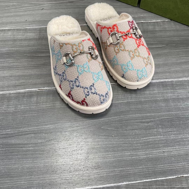 GG SUPREME MULE IN COLORFUL CANVAS AND WOOL LINING