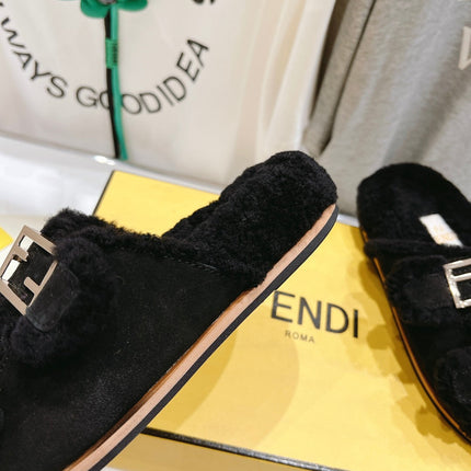 FENDI DAD SANDAL MULE IN BLACK SUEDE WITH FLEECE WITH GOLD HARDWARE