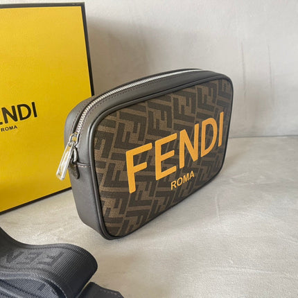 FENDI ROMA 22 CLUTCH BAG IN CHOCOLATE BROWN FF CALFSKIN SILVER HARDWARE WITH GOLDEN LOGO