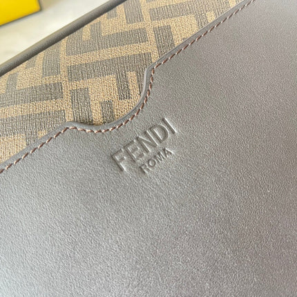 FENDI ROMA 22 CLUTCH BAG IN CHOCOLATE BROWN FF CALFSKIN SILVER HARDWARE WITH GOLDEN LOGO