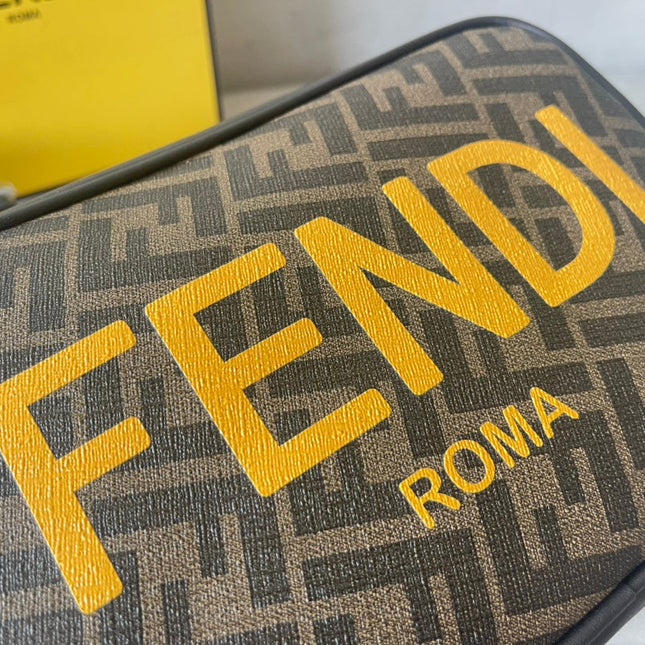 FENDI ROMA 22 CLUTCH BAG IN CHOCOLATE BROWN FF CALFSKIN SILVER HARDWARE WITH GOLDEN LOGO