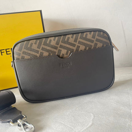 FENDI ROMA 22 CLUTCH BAG IN CHOCOLATE BROWN FF CALFSKIN SILVER HARDWARE WITH GOLDEN LOGO