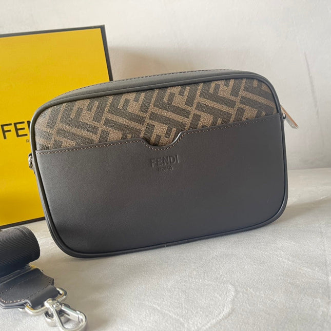 FENDI ROMA 22 CLUTCH BAG IN CHOCOLATE BROWN FF CALFSKIN SILVER HARDWARE WITH GOLDEN LOGO
