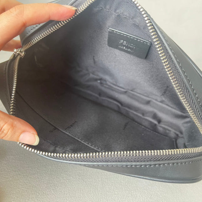 FENDI ROMA 22 CLUTCH BAG IN DARK GREY FF CALFSKIN SILVER HARDWARE WITH WHITE LOGO