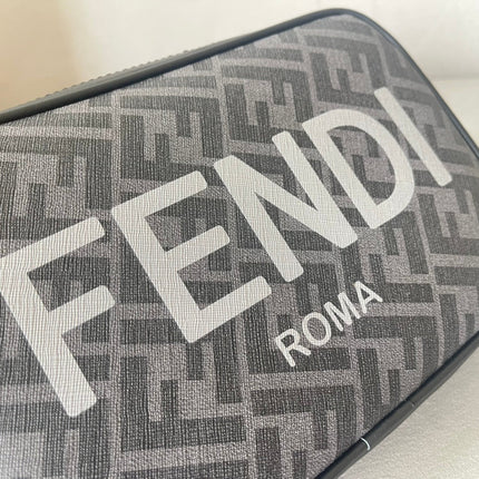 FENDI ROMA 22 CLUTCH BAG IN DARK GREY FF CALFSKIN SILVER HARDWARE WITH WHITE LOGO