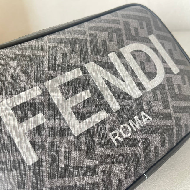 FENDI ROMA 22 CLUTCH BAG IN DARK GREY FF CALFSKIN SILVER HARDWARE WITH WHITE LOGO