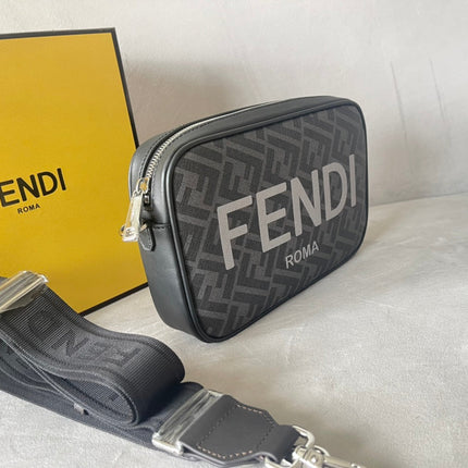 FENDI ROMA 22 CLUTCH BAG IN DARK GREY FF CALFSKIN SILVER HARDWARE WITH WHITE LOGO