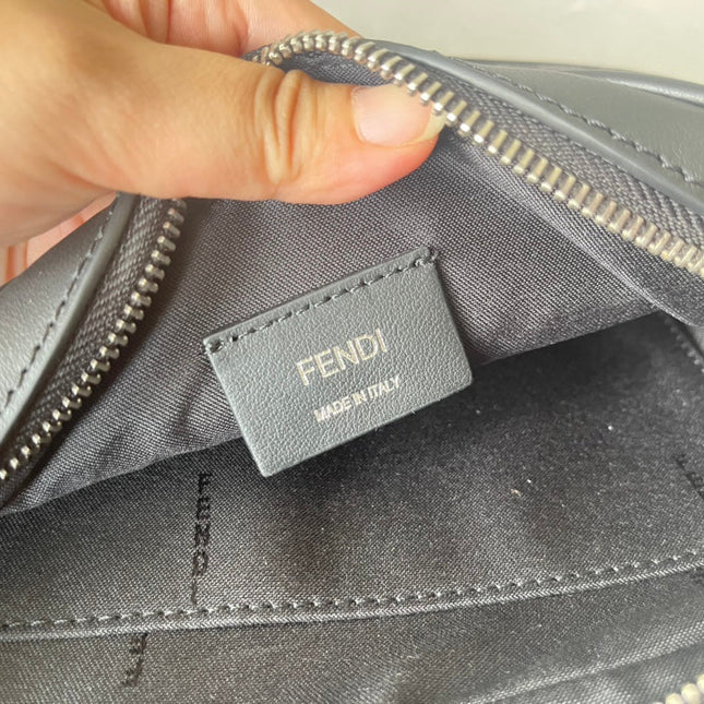 FENDI ROMA 22 CLUTCH BAG IN DARK GREY FF CALFSKIN SILVER HARDWARE WITH WHITE LOGO