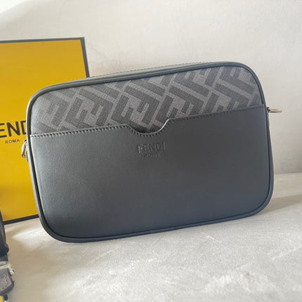 FENDI ROMA 22 CLUTCH BAG IN DARK GREY FF CALFSKIN SILVER HARDWARE WITH WHITE LOGO