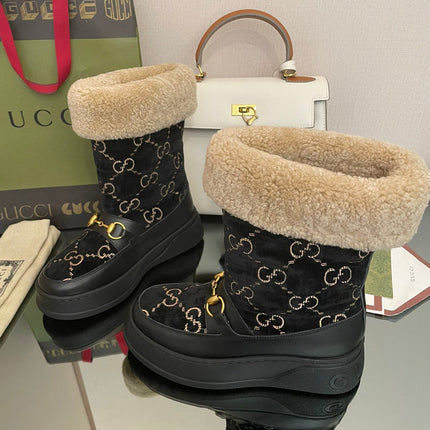 HORSEBIT SNOW ANKLE BOOTS IN BLACK MONOGRAM VELVET MIX CALFSKIN AND LAMB WOOL LINING