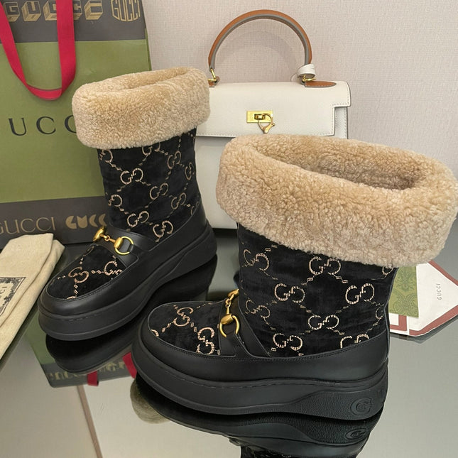 HORSEBIT SNOW ANKLE BOOTS IN BLACK MONOGRAM VELVET MIX CALFSKIN AND LAMB WOOL LINING