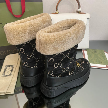 HORSEBIT SNOW ANKLE BOOTS IN BLACK MONOGRAM VELVET MIX CALFSKIN AND LAMB WOOL LINING