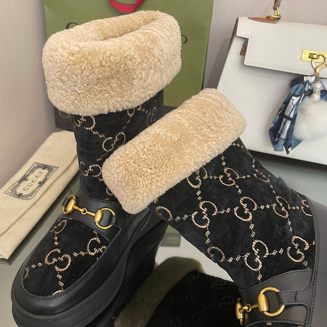 HORSEBIT SNOW ANKLE BOOTS IN BLACK MONOGRAM VELVET MIX CALFSKIN AND LAMB WOOL LINING