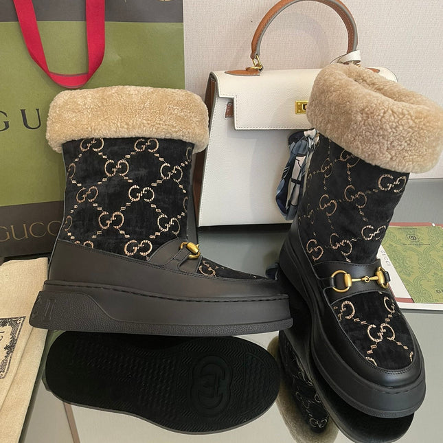 HORSEBIT SNOW ANKLE BOOTS IN BLACK MONOGRAM VELVET MIX CALFSKIN AND LAMB WOOL LINING