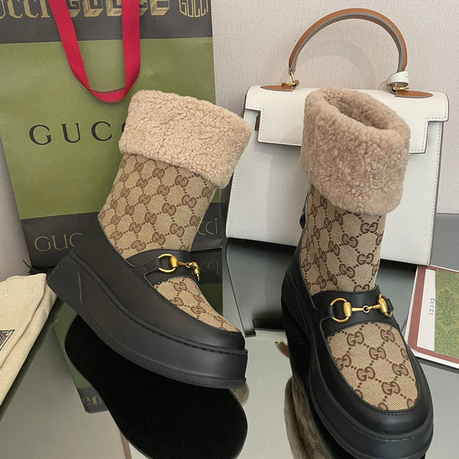 HORSEBIT SNOW ANKLE BOOTS IN ECRU BEIGE MONOGRAM JACQUARD FABRIC MIX BLACK CALFSKIN AND LAMB WOOL LINING