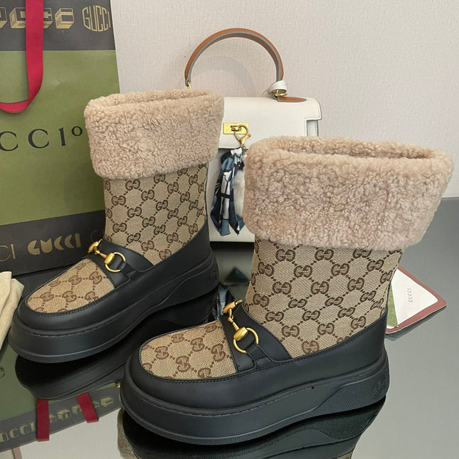 HORSEBIT SNOW ANKLE BOOTS IN ECRU BEIGE MONOGRAM JACQUARD FABRIC MIX BLACK CALFSKIN AND LAMB WOOL LINING