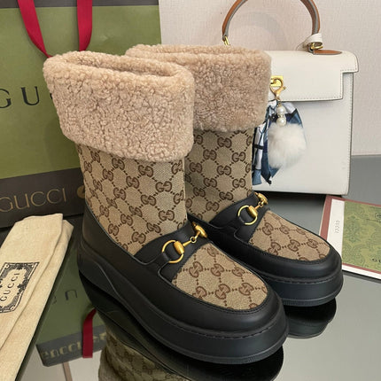 HORSEBIT SNOW ANKLE BOOTS IN ECRU BEIGE MONOGRAM JACQUARD FABRIC MIX BLACK CALFSKIN AND LAMB WOOL LINING
