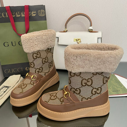 HORSEBIT SNOW ANKLE BOOTS IN ECRU BEIGE MONOGRAM JACQUARD FABRIC MIX BROWN CALFSKIN AND LAMB WOOL LINING
