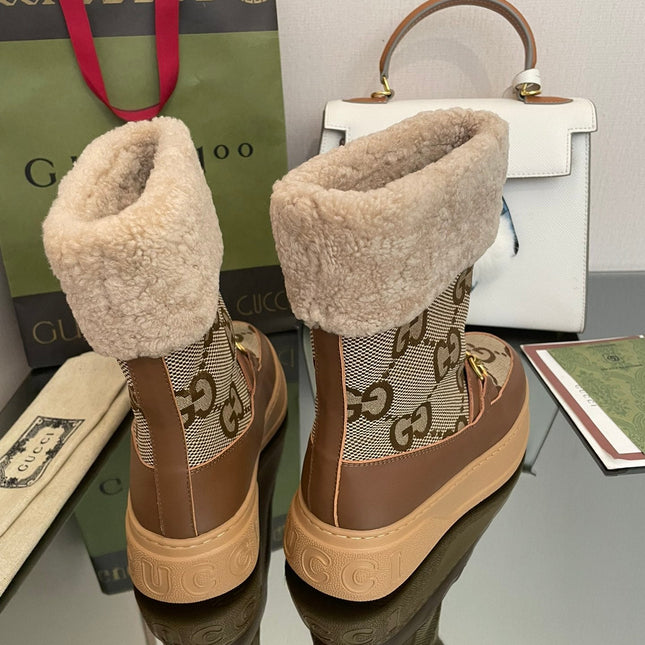HORSEBIT SNOW ANKLE BOOTS IN ECRU BEIGE MONOGRAM JACQUARD FABRIC MIX BROWN CALFSKIN AND LAMB WOOL LINING