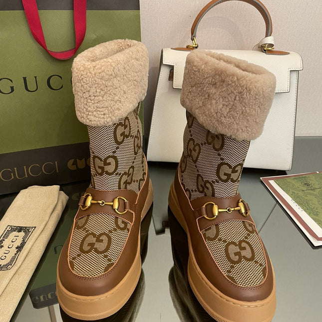 HORSEBIT SNOW ANKLE BOOTS IN ECRU BEIGE MONOGRAM JACQUARD FABRIC MIX BROWN CALFSKIN AND LAMB WOOL LINING