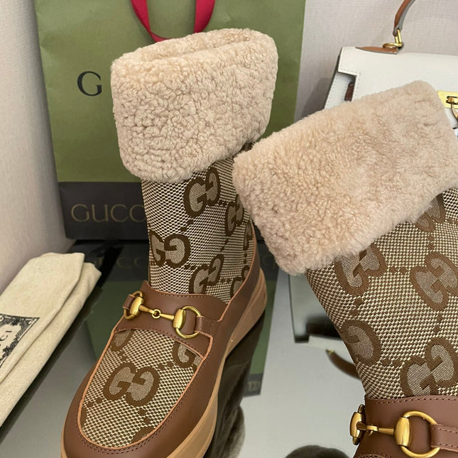 HORSEBIT SNOW ANKLE BOOTS IN ECRU BEIGE MONOGRAM JACQUARD FABRIC MIX BROWN CALFSKIN AND LAMB WOOL LINING