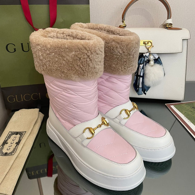 HORSEBIT ANKLE BOOTS WITH MERINO TRIM IN LIGHT PINK NYLON MIX WHITE CALFSKIN