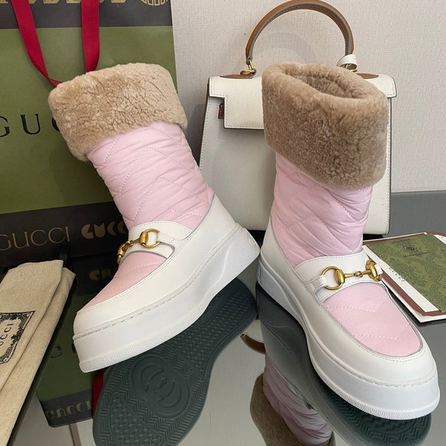 HORSEBIT ANKLE BOOTS WITH MERINO TRIM IN LIGHT PINK NYLON MIX WHITE CALFSKIN