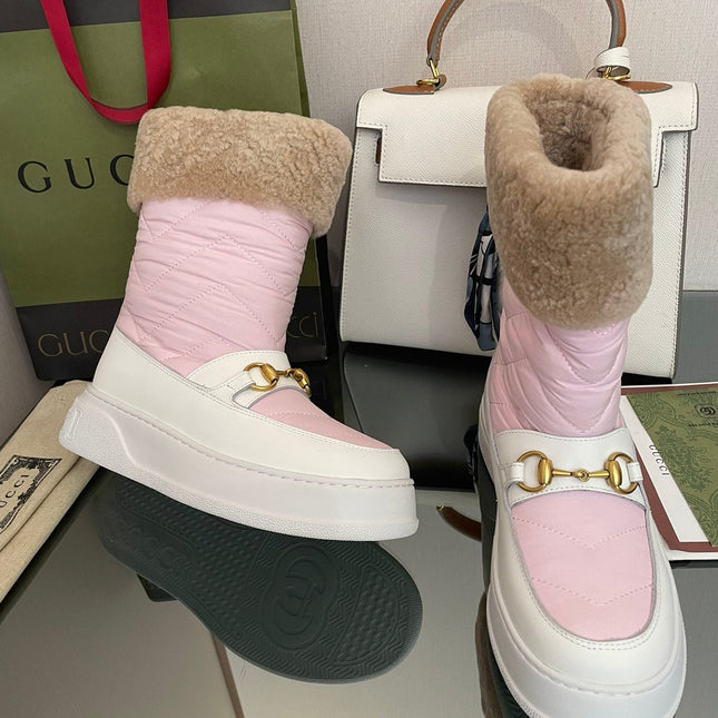 HORSEBIT ANKLE BOOTS WITH MERINO TRIM IN LIGHT PINK NYLON MIX WHITE CALFSKIN