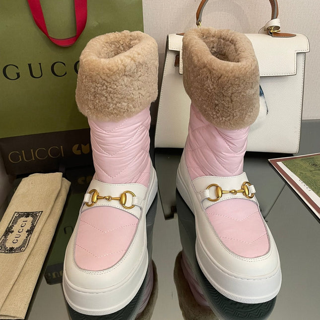 HORSEBIT ANKLE BOOTS WITH MERINO TRIM IN LIGHT PINK NYLON MIX WHITE CALFSKIN