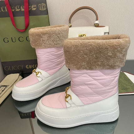 HORSEBIT ANKLE BOOTS WITH MERINO TRIM IN LIGHT PINK NYLON MIX WHITE CALFSKIN