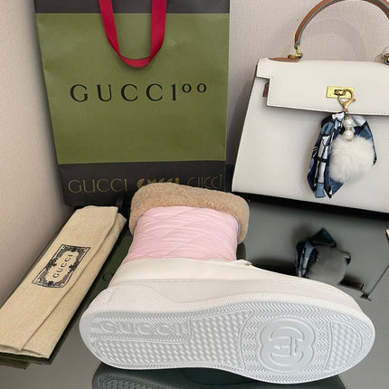 HORSEBIT ANKLE BOOTS WITH MERINO TRIM IN LIGHT PINK NYLON MIX WHITE CALFSKIN