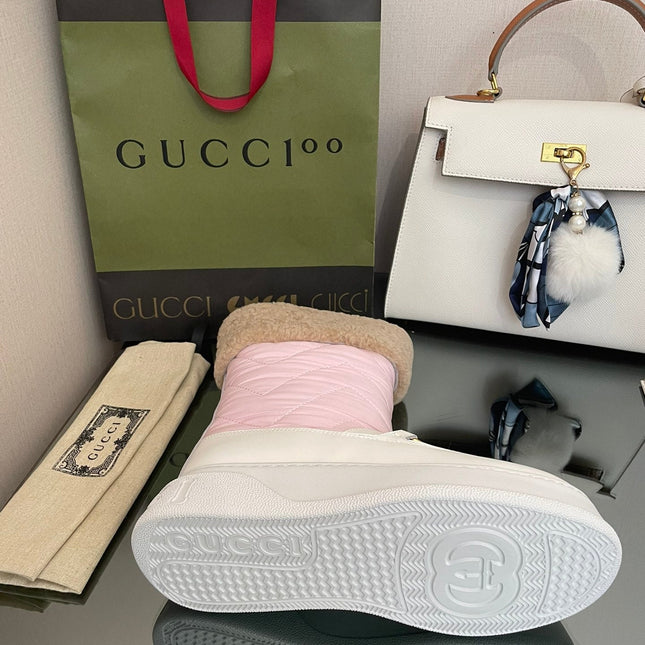 HORSEBIT ANKLE BOOTS WITH MERINO TRIM IN LIGHT PINK NYLON MIX WHITE CALFSKIN