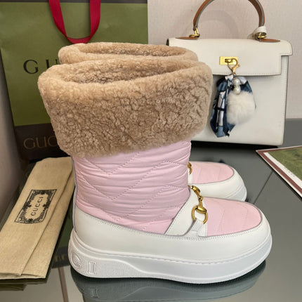 HORSEBIT ANKLE BOOTS WITH MERINO TRIM IN LIGHT PINK NYLON MIX WHITE CALFSKIN