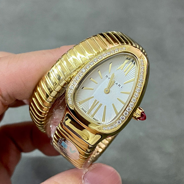 SERPENTI TUBOGAS QUARTZ YELLOW GOLD ATTACHED DIAMOND BEZEL SILVER OPALINE DIAL