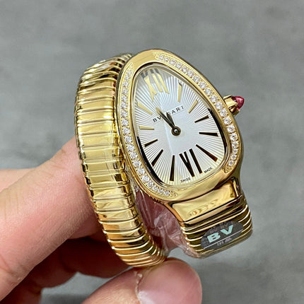 SERPENTI TUBOGAS QUARTZ YELLOW GOLD ATTACHED DIAMOND BEZEL SILVER OPALINE DIAL