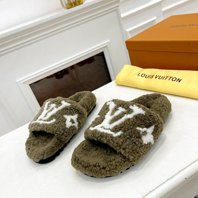 LV FLAT SLIPPER IN ARMY GREEN MIX WHITE SHEARLING