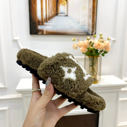 LV FLAT SLIPPER IN ARMY GREEN MIX WHITE SHEARLING
