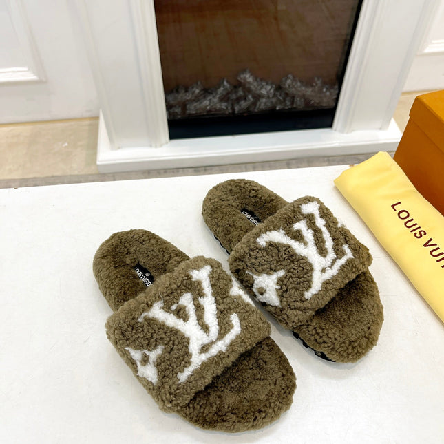 LV FLAT SLIPPER IN ARMY GREEN MIX WHITE SHEARLING