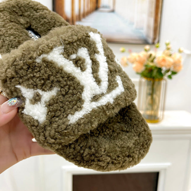 LV FLAT SLIPPER IN ARMY GREEN MIX WHITE SHEARLING