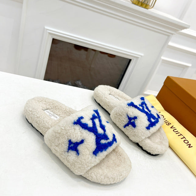 LV FLAT SLIPPER IN WHITE MIX COBALT BLUE SHEARLING