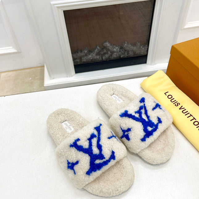 LV FLAT SLIPPER IN WHITE MIX COBALT BLUE SHEARLING