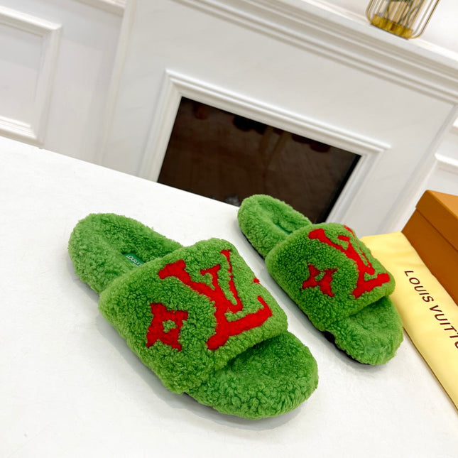 LV FLAT SLIPPER IN LAWN GREEN MIX CHERRY RED SHEARLING