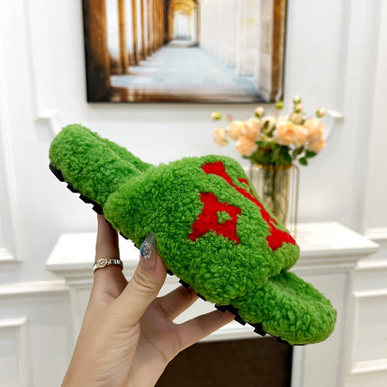LV FLAT SLIPPER IN LAWN GREEN MIX CHERRY RED SHEARLING